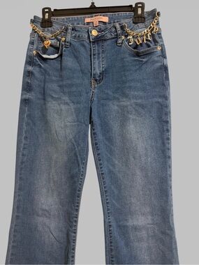 Juicy Couture Size 28 Medium Blue Boot Cut Jeans with Gold Chain Detail